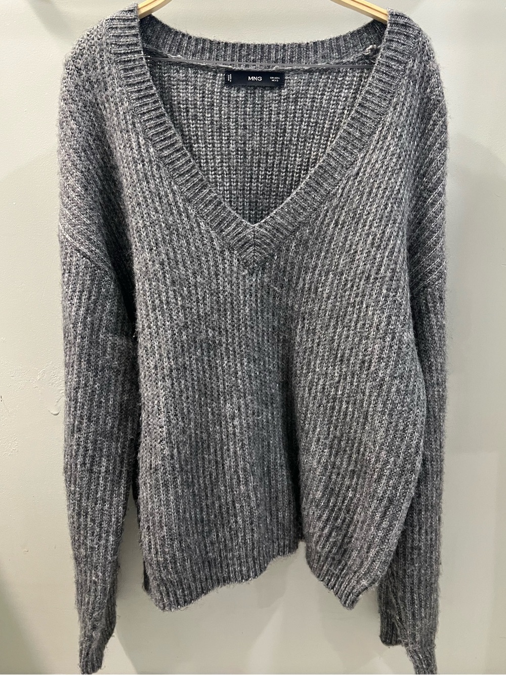 Mango Charcoal Gray V-Neck Ribbed Knit Sweater